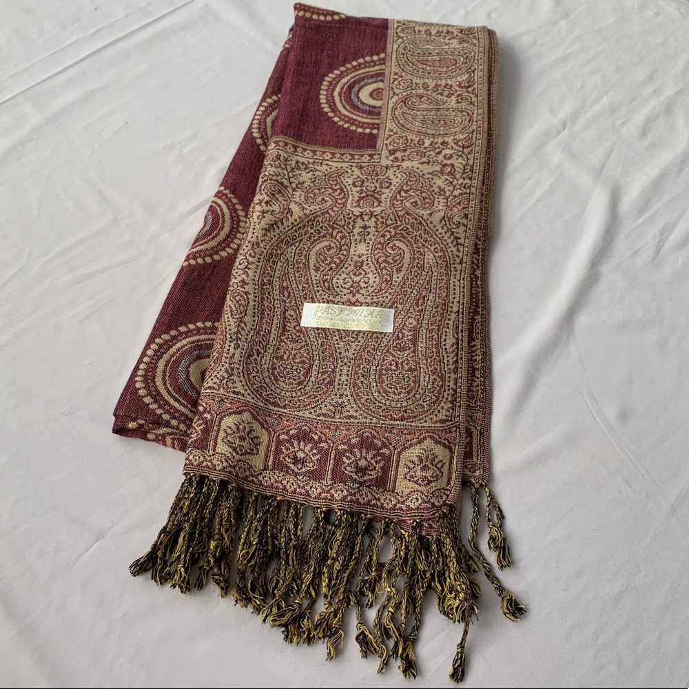 Pashmina Cashmere Silk Tan Burgundy Scarf